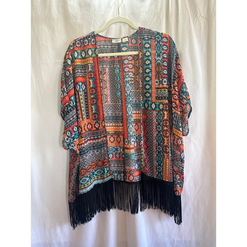 Cato Woman Fringe Kimono Cardigan 18/20W Southwestern Print Boho Western Duster